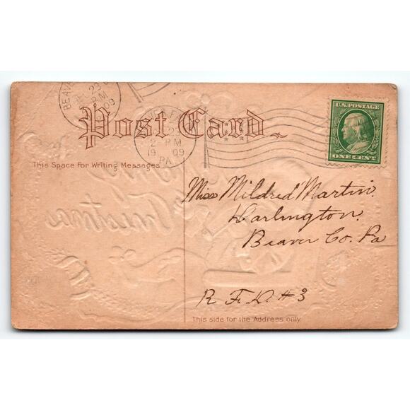 1909 Embossed Santa Claus Smokes Pipe Christmas Postcard Wreath Design - Picture 2 of 2